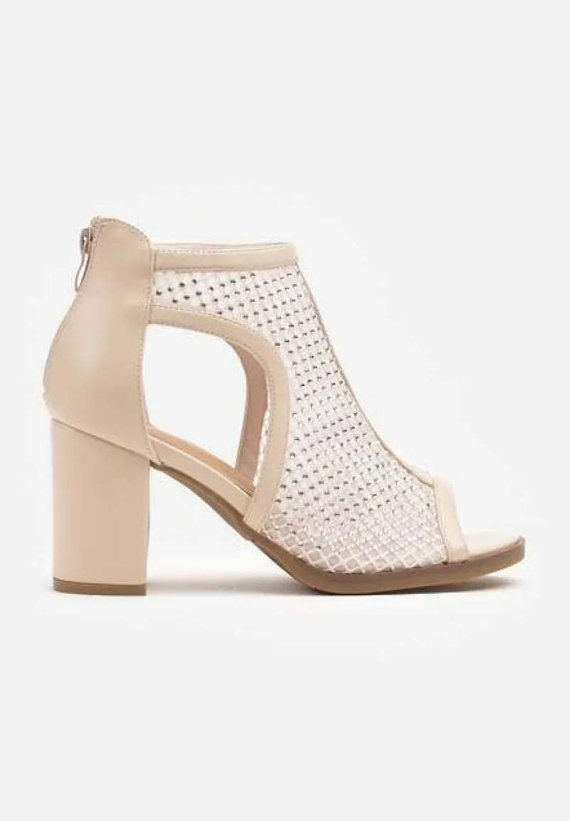 Beżowe Siateczkowe Sandały Stylizowane na Botki na Obcasie z Cyrkoniami Senarila