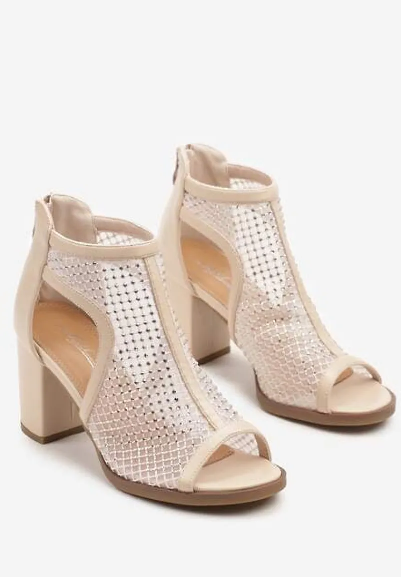 Beżowe Siateczkowe Sandały Stylizowane na Botki na Obcasie z Cyrkoniami Senarila