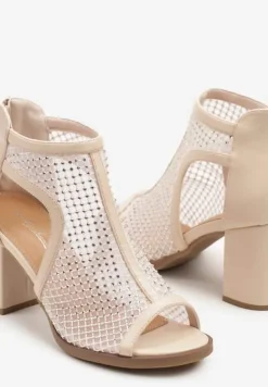 Beżowe Siateczkowe Sandały Stylizowane na Botki na Obcasie z Cyrkoniami Senarila