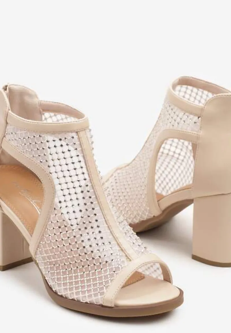 Beżowe Siateczkowe Sandały Stylizowane na Botki na Obcasie z Cyrkoniami Senarila