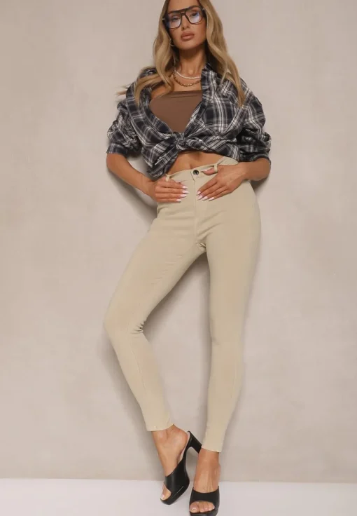 Beżowe Skinny Jeansy z Bawełną High Waist Lorie
