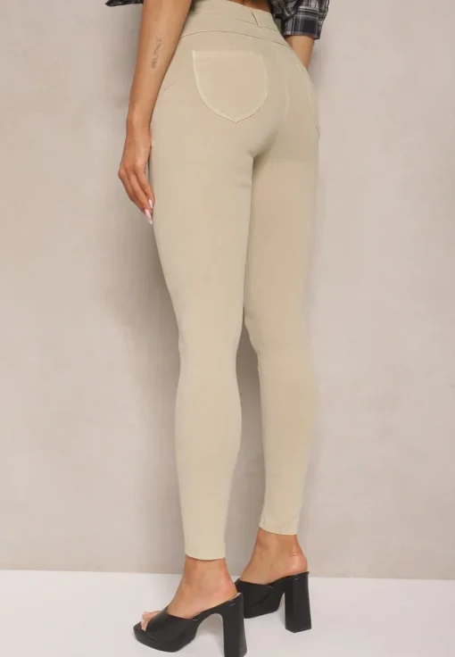 Beżowe Skinny Jeansy z Bawełną High Waist Lorie