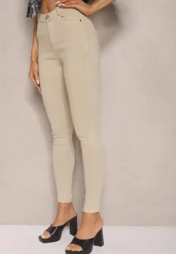 Beżowe Skinny Jeansy z Bawełną High Waist Lorie