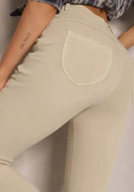Beżowe Skinny Jeansy z Bawełną High Waist Lorie