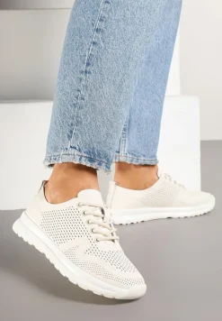 Beżowe Skórzane Buty Sportowe na Płaskiej Podeszwie ze Skórzaną Wkładką Ozdobione Perforacją Falali