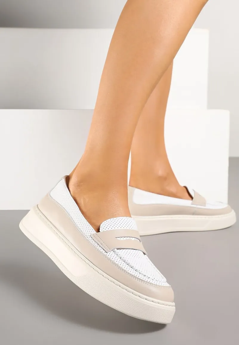 Beżowe Skórzane Mokasyny na Platformie Meraviela