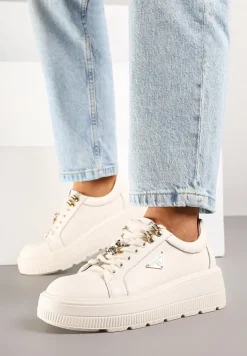 Beżowe Skórzane Sneakersy na Platformie Ozdobione Aplikacją Doliresa