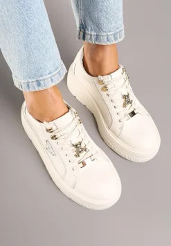 Beżowe Skórzane Sneakersy na Platformie Ozdobione Aplikacją Doliresa