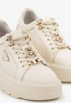 Beżowe Skórzane Sneakersy na Platformie Ozdobione Aplikacją Doliresa