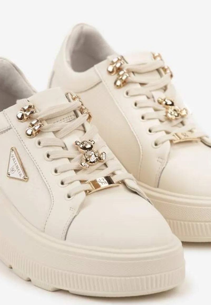 Beżowe Skórzane Sneakersy na Platformie Ozdobione Aplikacją Doliresa