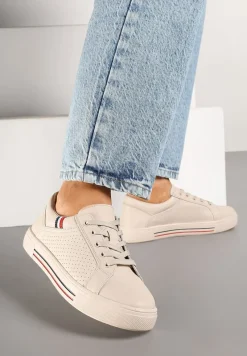 Beżowe Skórzane Sneakersy na Płaskiej Podeszwie ze Skórzaną Wkładką i Perforacją Galiwa