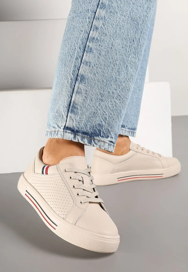 Beżowe Skórzane Sneakersy na Płaskiej Podeszwie ze Skórzaną Wkładką i Perforacją Galiwa