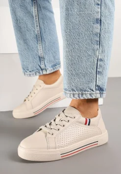 Beżowe Skórzane Sneakersy na Płaskiej Podeszwie ze Skórzaną Wkładką i Perforacją Galiwa