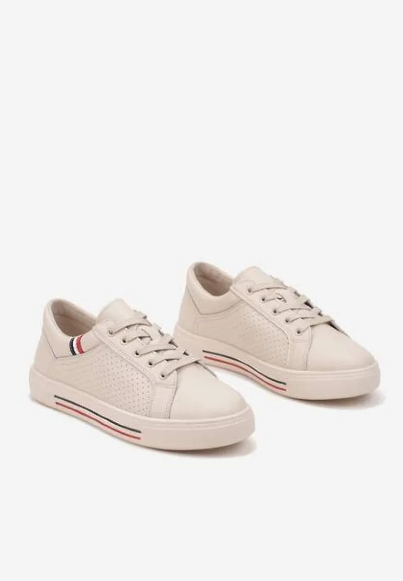 Beżowe Skórzane Sneakersy na Płaskiej Podeszwie ze Skórzaną Wkładką i Perforacją Galiwa