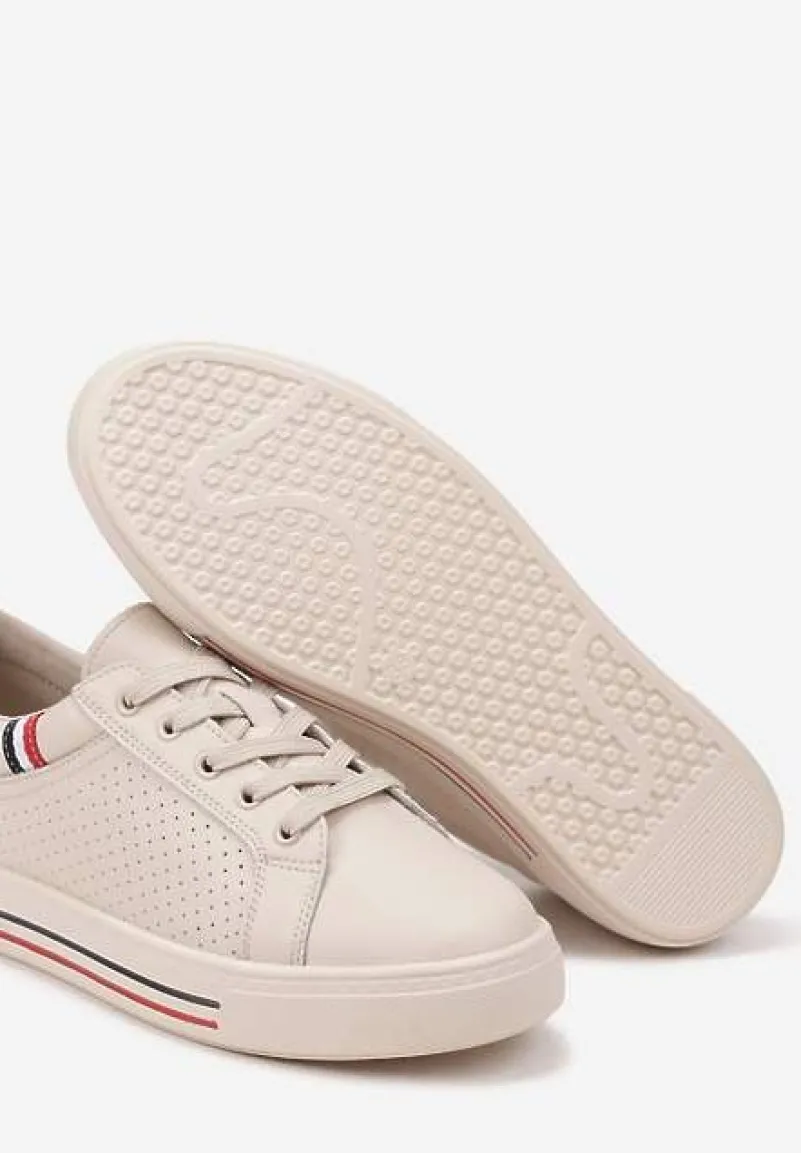 Beżowe Skórzane Sneakersy na Płaskiej Podeszwie ze Skórzaną Wkładką i Perforacją Galiwa