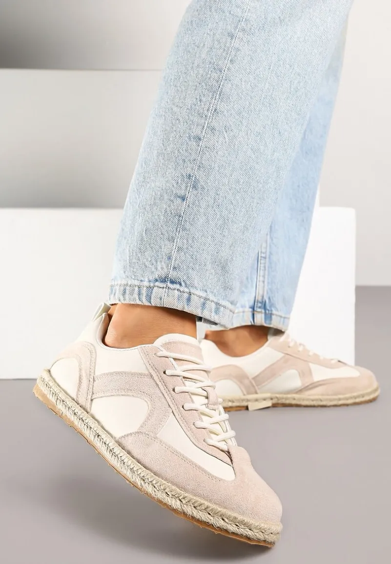 Beżowe Sneakersy Kultowe Tenisówki z Podeszwą Zdobioną Plecionką Zarorella