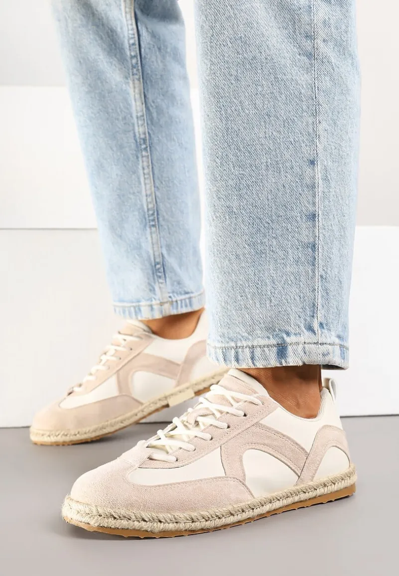 Beżowe Sneakersy Kultowe Tenisówki z Podeszwą Zdobioną Plecionką Zarorella