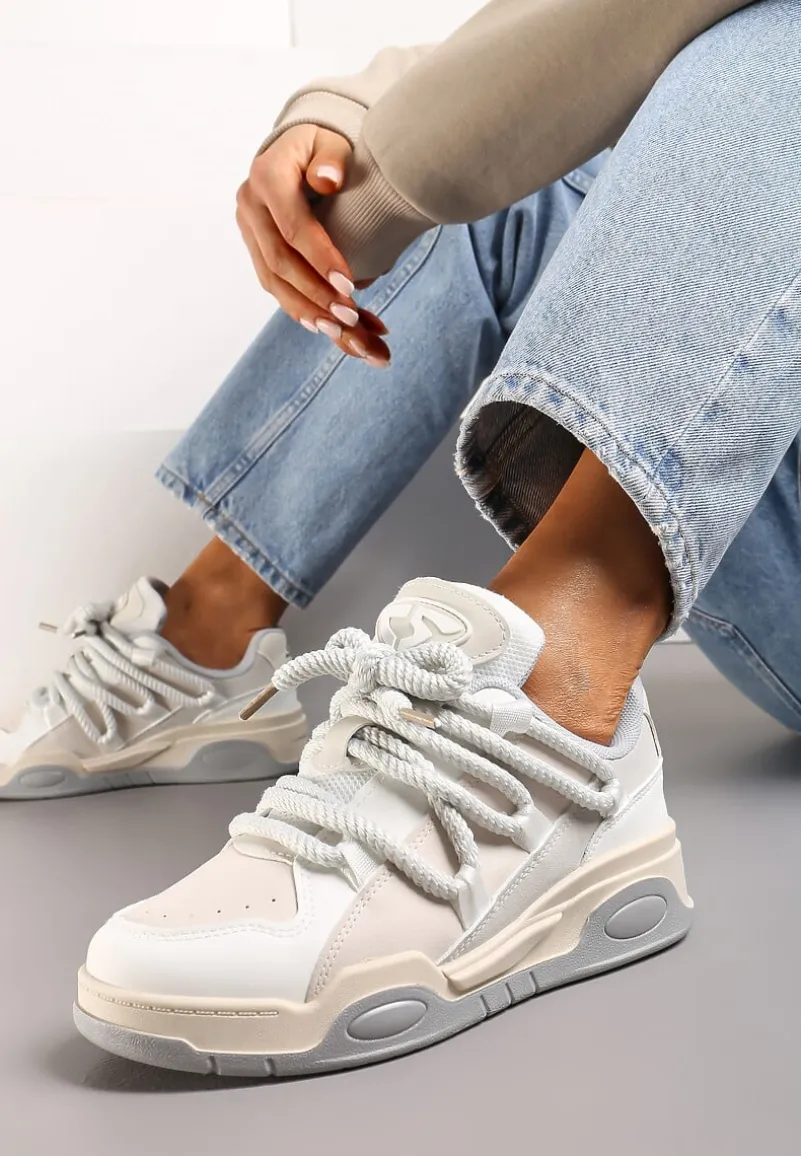 Beżowe Sneakersy na Grubej Podeszwie z Imitacji Skóry z Grubymi Sznurowadłami Virinal