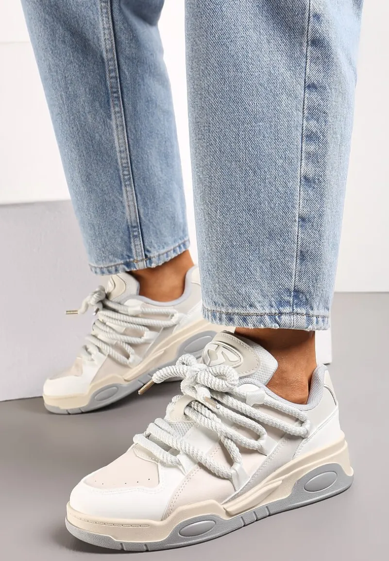 Beżowe Sneakersy na Grubej Podeszwie z Imitacji Skóry z Grubymi Sznurowadłami Virinal