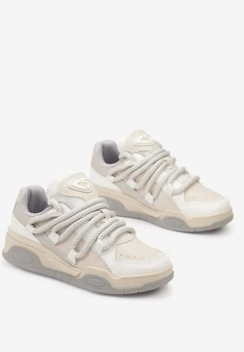 Beżowe Sneakersy na Grubej Podeszwie z Imitacji Skóry z Grubymi Sznurowadłami Virinal