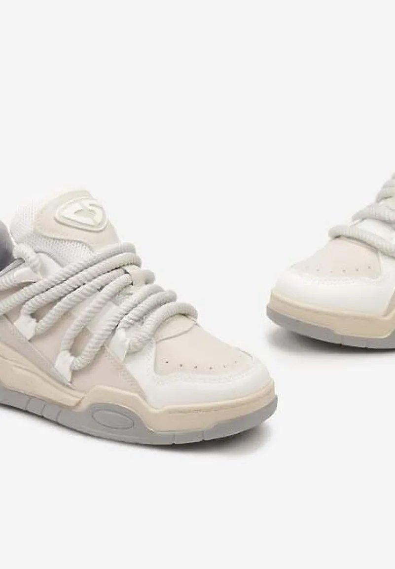 Beżowe Sneakersy na Grubej Podeszwie z Imitacji Skóry z Grubymi Sznurowadłami Virinal