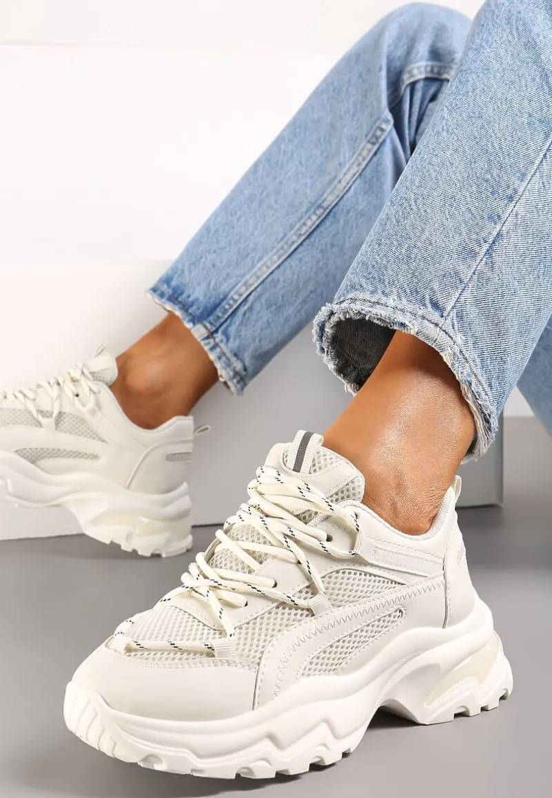 Beżowe Sneakersy na Grubej Nieregularnej Podeszwie z Odblaskowymi Wstawkami Ollavia