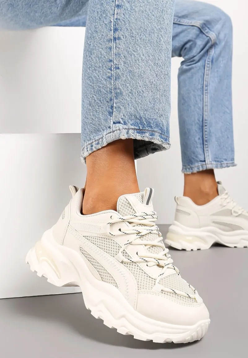 Beżowe Sneakersy na Grubej Nieregularnej Podeszwie z Odblaskowymi Wstawkami Ollavia