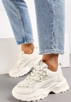 Beżowe Sneakersy na Grubej Nieregularnej Podeszwie z Odblaskowymi Wstawkami Ollavia