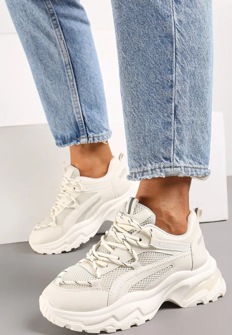 Beżowe Sneakersy na Grubej Nieregularnej Podeszwie z Odblaskowymi Wstawkami Ollavia