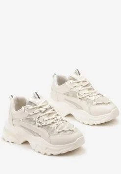 Beżowe Sneakersy na Grubej Nieregularnej Podeszwie z Odblaskowymi Wstawkami Ollavia