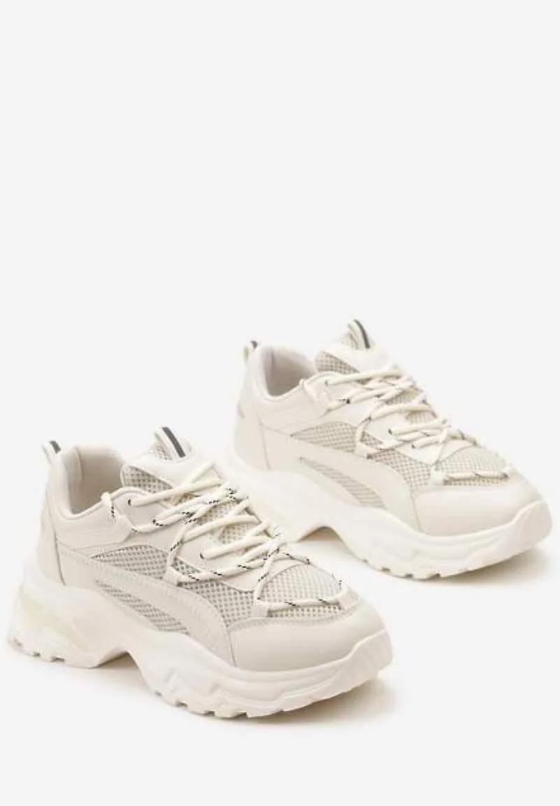 Beżowe Sneakersy na Grubej Nieregularnej Podeszwie z Odblaskowymi Wstawkami Ollavia