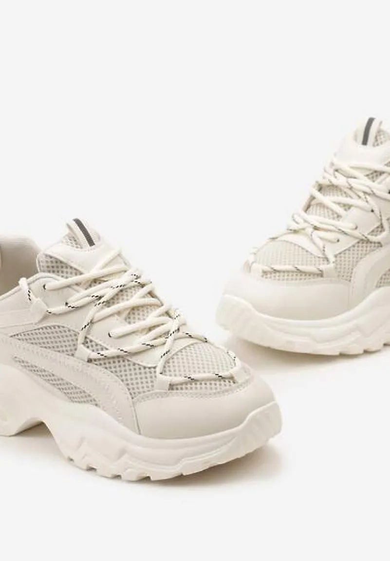 Beżowe Sneakersy na Grubej Nieregularnej Podeszwie z Odblaskowymi Wstawkami Ollavia