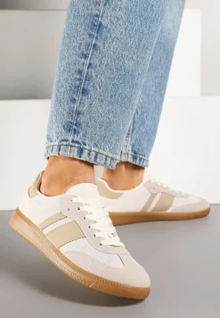 Beżowe Sneakersy na Kauczukowej Podeszwie Ozdobione Paskami Emidi