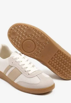 Beżowe Sneakersy na Kauczukowej Podeszwie Ozdobione Paskami Emidi