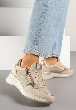 Beżowe Sneakersy na Koturnie z Wkładką ze Skóry Naturalnej Ozdobione Suwakiem Arivios