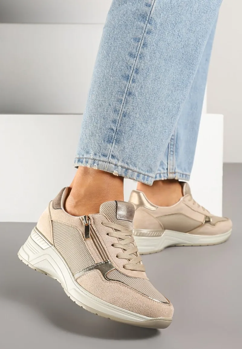 Beżowe Sneakersy na Koturnie z Wkładką ze Skóry Naturalnej Ozdobione Suwakiem Arivios