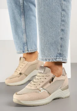 Beżowe Sneakersy na Koturnie z Wkładką ze Skóry Naturalnej Ozdobione Suwakiem Arivios