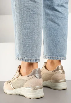 Beżowe Sneakersy na Koturnie z Wkładką ze Skóry Naturalnej Ozdobione Suwakiem Arivios