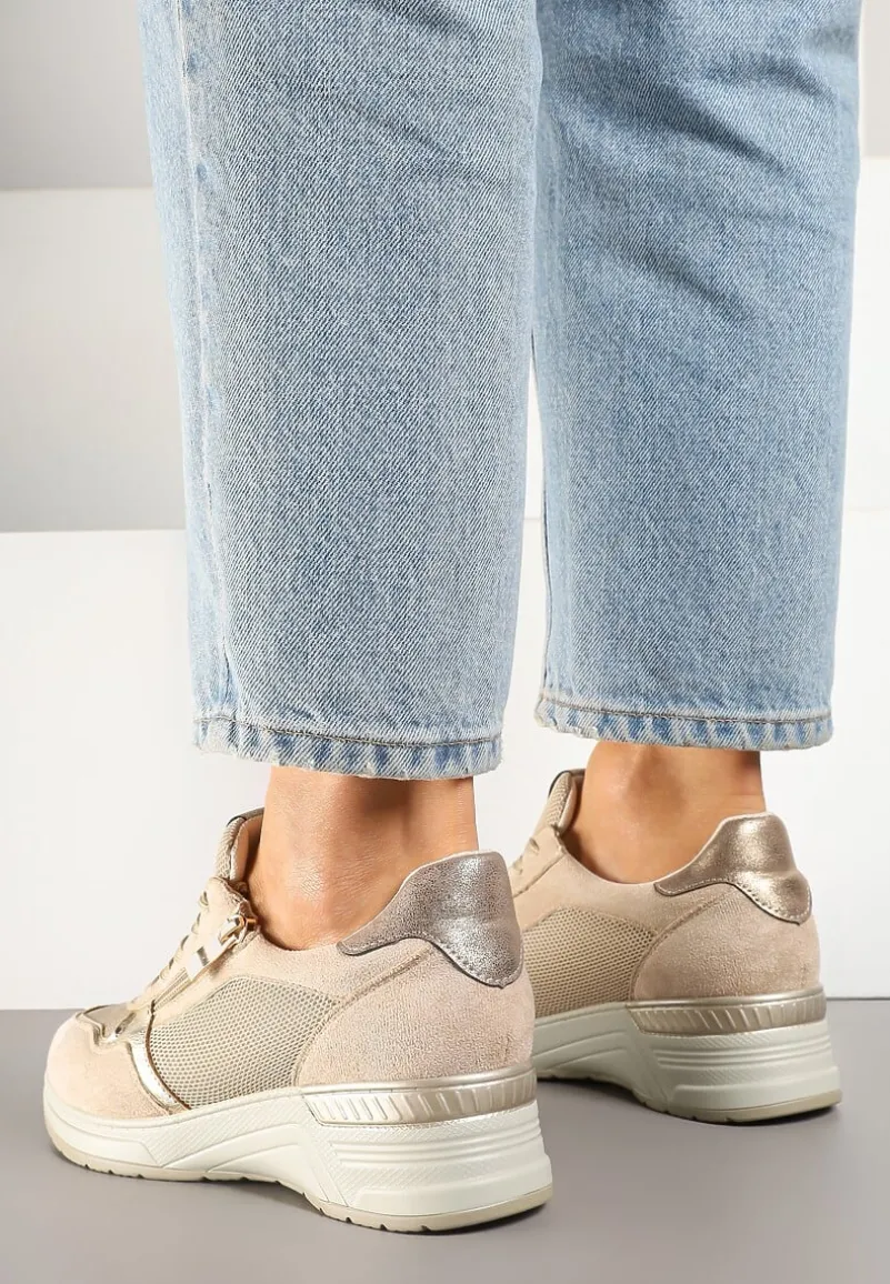 Beżowe Sneakersy na Koturnie z Wkładką ze Skóry Naturalnej Ozdobione Suwakiem Arivios