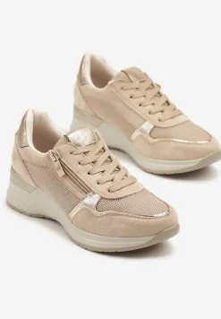 Beżowe Sneakersy na Koturnie z Wkładką ze Skóry Naturalnej Ozdobione Suwakiem Arivios