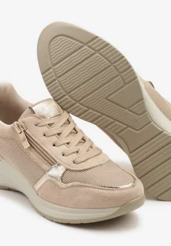 Beżowe Sneakersy na Koturnie z Wkładką ze Skóry Naturalnej Ozdobione Suwakiem Arivios