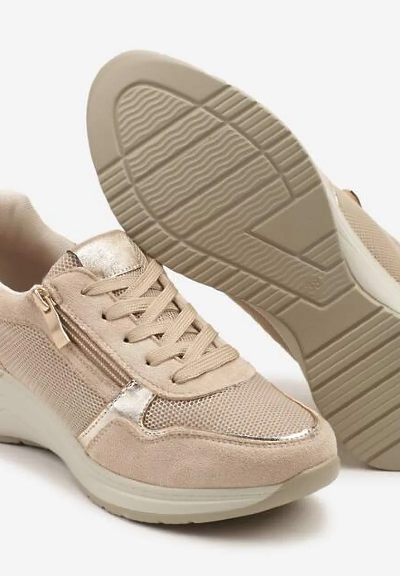 Beżowe Sneakersy na Koturnie z Wkładką ze Skóry Naturalnej Ozdobione Suwakiem Arivios