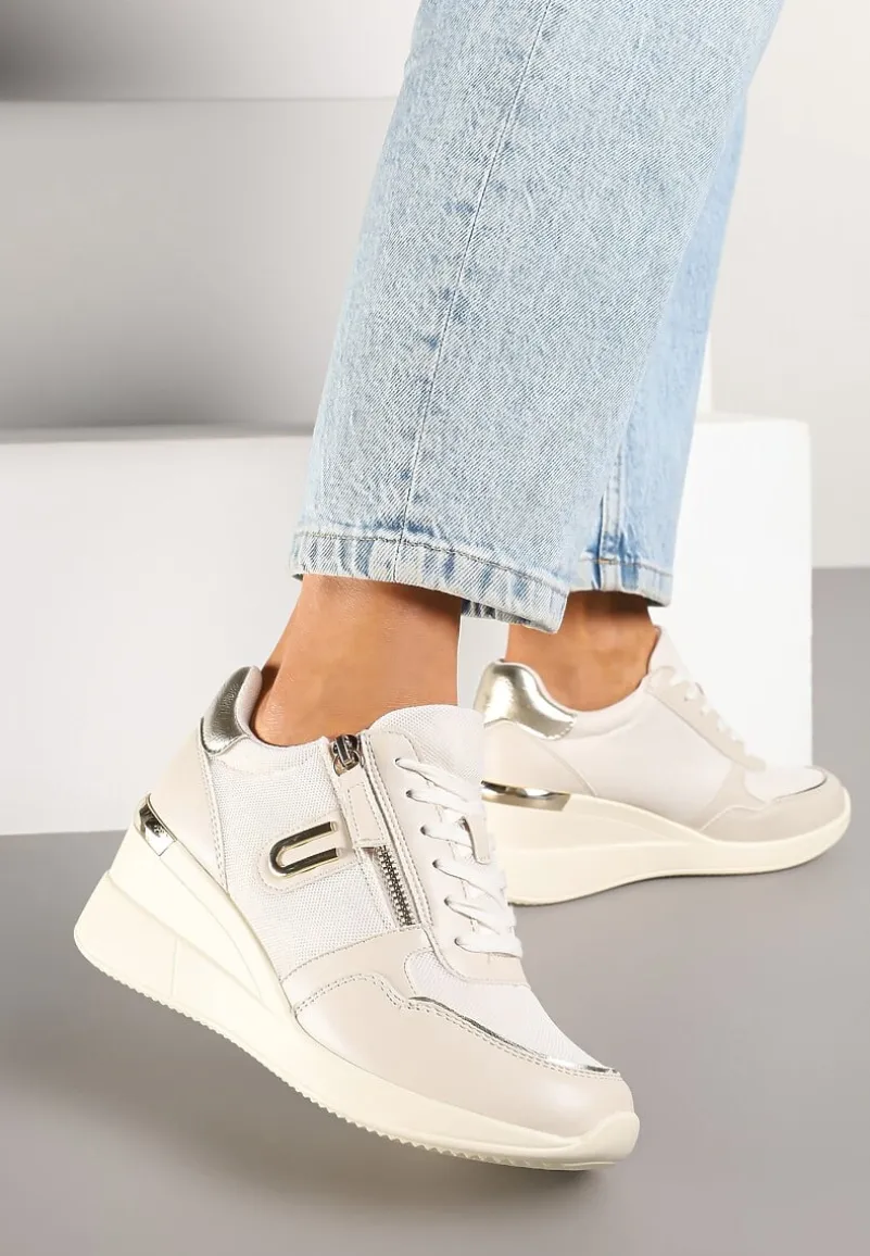 Beżowe Sneakersy na Koturnie z Ozdobnym Zamkiem Błyskawicznym Hanarael