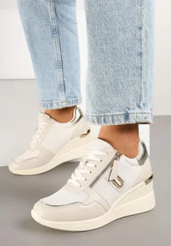 Beżowe Sneakersy na Koturnie z Ozdobnym Zamkiem Błyskawicznym Hanarael