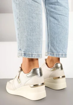 Beżowe Sneakersy na Koturnie z Ozdobnym Zamkiem Błyskawicznym Hanarael