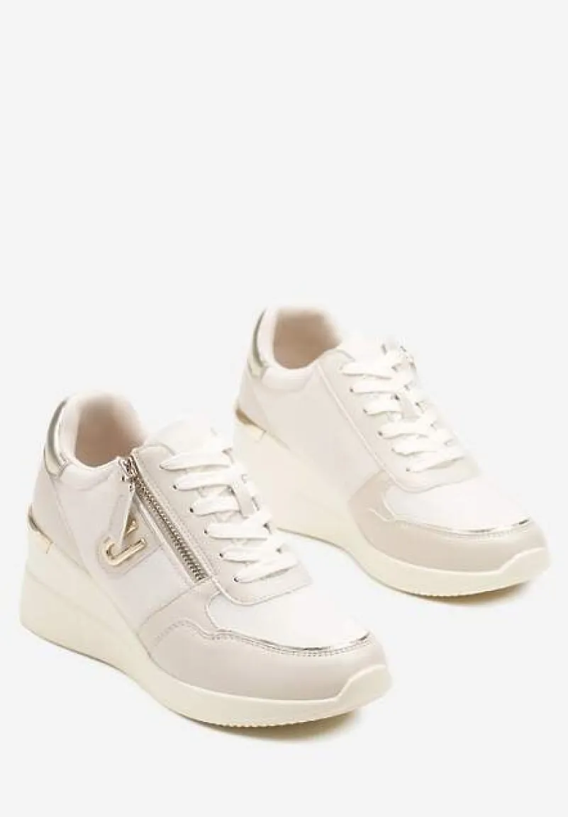 Beżowe Sneakersy na Koturnie z Ozdobnym Zamkiem Błyskawicznym Hanarael