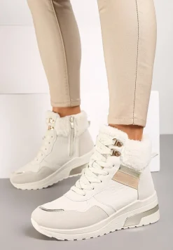 Beżowe Sneakersy na Koturnie z Futerkowym Obszyciem i Metalicznymi Detalami Promelia