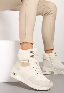 Beżowe Sneakersy na Koturnie z Futerkowym Obszyciem i Metalicznymi Detalami Promelia