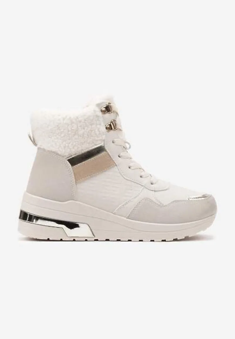 Beżowe Sneakersy na Koturnie z Futerkowym Obszyciem i Metalicznymi Detalami Promelia