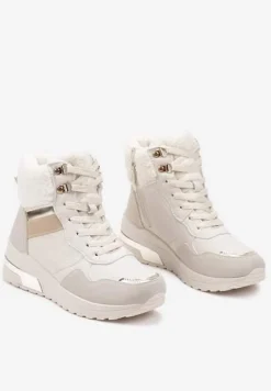 Beżowe Sneakersy na Koturnie z Futerkowym Obszyciem i Metalicznymi Detalami Promelia